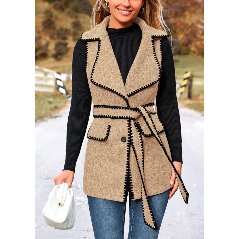 Women's Tweed Vest Outerwear Large Sleeveless Button Belt Fall Winter - Picture 5 of 9